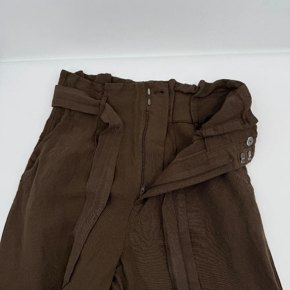 H&M Pants Women 4 Brown Wide Leg Paperbag Linen Blend Lagenlook Coastal Cropped